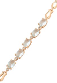 Bracciale in oro rosa con pietre ovali, sfaccettate, di un blu chiaro accompagnate da piccoli accenti rotondi trasparenti, chiuso con un gancio.