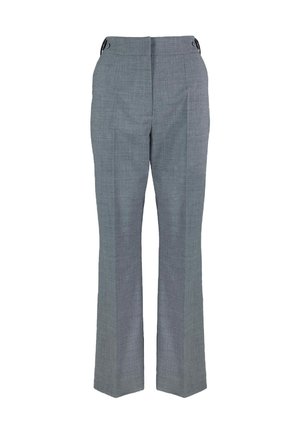 Graue maßgeschneiderte Hose mit geradem Schnitt, flachem Vorderteil, subtiler Textur und Gürtelschlaufen. Keine sichtbaren Taschen oder Muster.