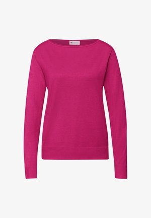 Fuksianvärinen pitkähihainen pusero, jossa pyöreä pääntie, sileä pinta ja resorireuna. Kaulanauhassa näkyvä nimilappu, merkiltään "Street One".