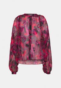 Blusa trasparente a maniche lunghe in rosa, rosso e nero con un motivo floreale. Presenta un collo rotondo e una chiusura con bottoni sul davanti. Texture morbida.
