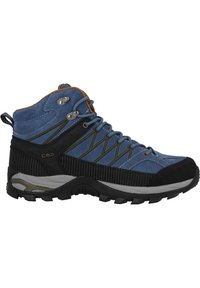 Blue suede and black mesh hiking boot with grey rubber sole, metal eyelets, and brown accents. Features textured surface and supportive design.