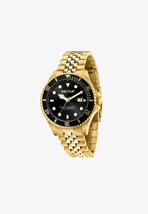 Orologio in metallo color oro con quadrante nero, indicatori delle ore luminescenti, lunetta girevole e bracciale in acciaio inox. Resistente all'acqua fino a 300 metri.