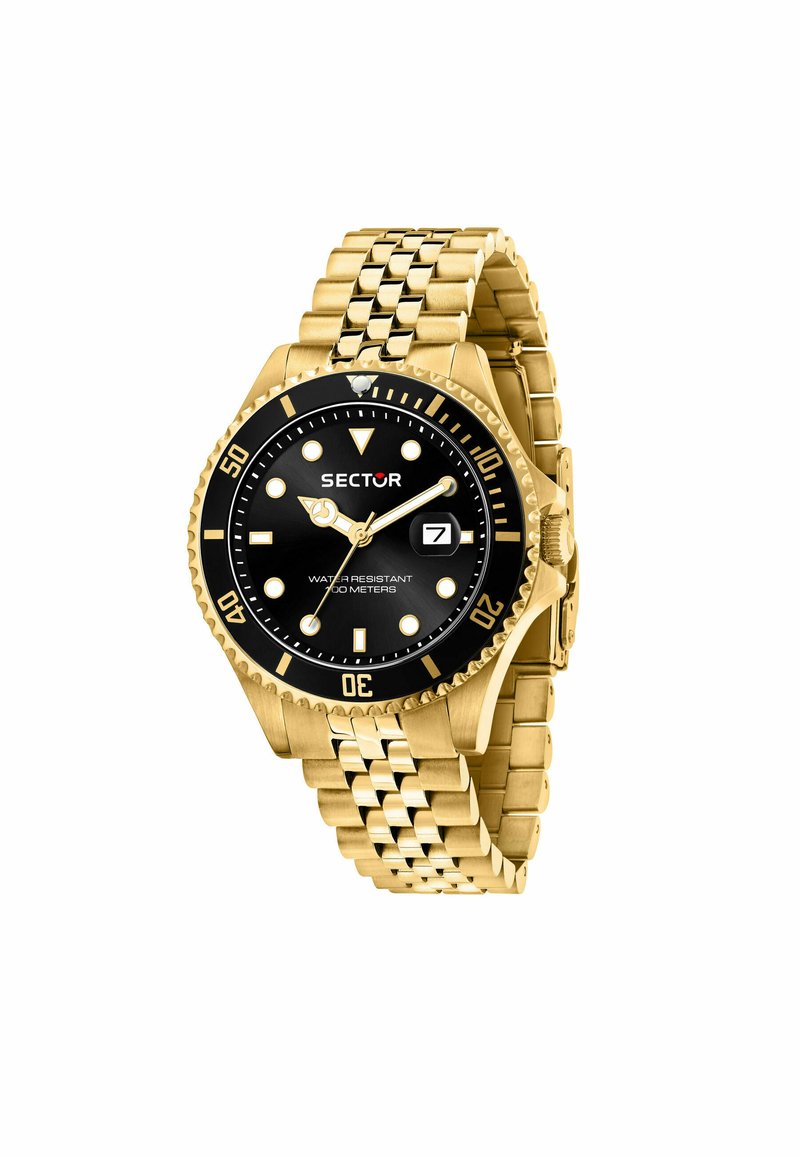 Orologio in metallo color oro con quadrante nero, indicatori delle ore luminescenti, lunetta girevole e bracciale in acciaio inox. Resistente all'acqua fino a 300 metri.