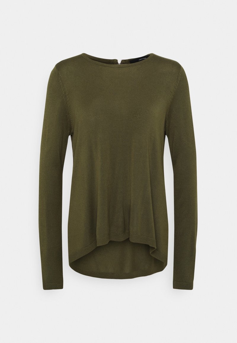 Pull en tricot vert olive à manches longues, col rond et ourlet dos légèrement plus long.