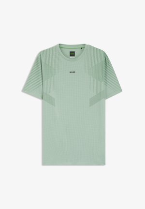 Minzgrünes T-Shirt mit kurzen Ärmeln, Rundhalsausschnitt, strukturierten horizontalen Streifen und einem schwarzen "BOSS"-Logo in der Mitte.