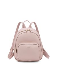 Zaino compatto in similpelle rosa con zip dorate, forma arrotondata, tasca frontale e due spallacci regolabili.