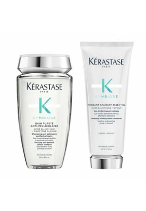 Kérastase Symbiose Anti-Schuppen-Shampoo und Conditioner für fettige, empfindliche Kopfhaut, in transparenter Flasche und weißer Tubenverpackung.