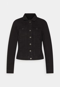 Svart denimjacka med krage, knappstängning fram, två bröstfickor och långa ärmar. Har en figursydd siluett och klassisk stil.