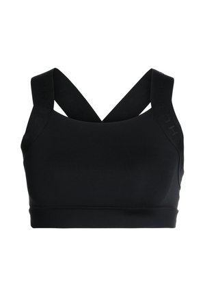 Zwarte sportbeha met brede, gekruiste schouderbanden en een elastische band onder de borst, gemaakt van glad, rekbaar materiaal.