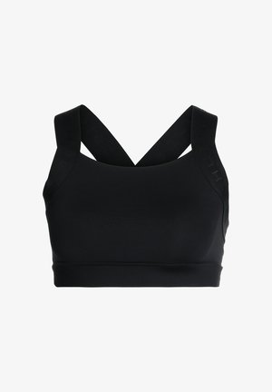 Zwarte sportbeha met brede, gekruiste schouderbanden en een elastische band onder de borst, gemaakt van glad, rekbaar materiaal.