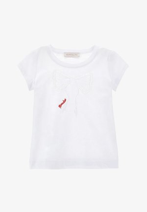 Maglietta bianca a maniche corte per bambina con grande fiocco ricamato e piccolo testo rosso "Monnalisa" sotto il fiocco sul davanti.