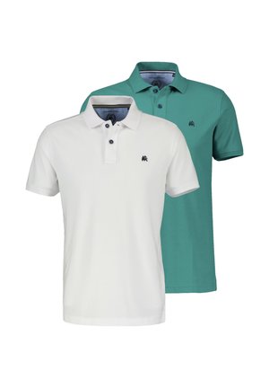 Two short-sleeve polo shirts, one white and one teal, each with a small dark embroidered logo on the left chest and buttoned collars.