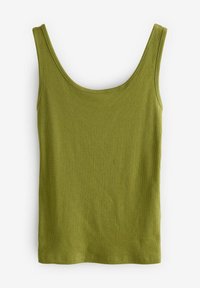 Débardeur côtelé vert olive avec de larges bretelles et un col rond, présentant une coupe ajustée et une texture lisse.