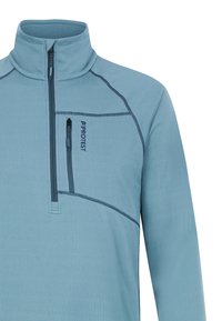 Pullover in pile azzurro chiaro con colletto alto, zip a quarto e tasca sul petto con zip; presenta un tessuto testurizzato e cuciture a contrasto.