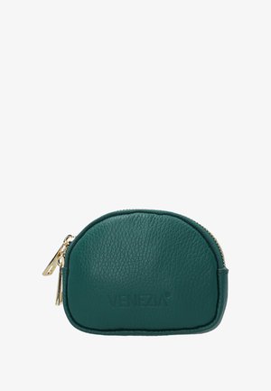 Teal lædermønterpung med en rund form, gylden lynlås og hardware, præget "VENEZIA" logo på fronten, tekstureret overflade.