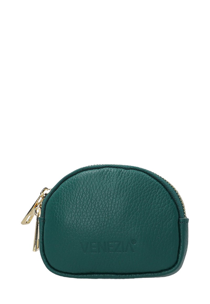 Niebieska skórzana portmonetka o okrągłym kształcie, złoty zamek błyskawiczny i okucia, wytłoczone logo "VENEZIA" z przodu, teksturowana powierzchnia.