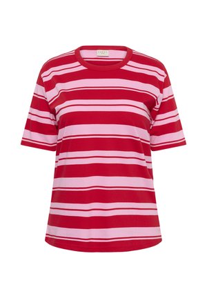 Camiseta de rayas rojas y rosas con mangas cortas y cuello redondo, hecha de tejido de algodón suave. Rayas horizontales de anchos variados.