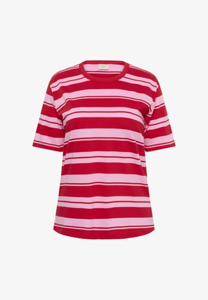 Camiseta de rayas rojas y rosas con mangas cortas y cuello redondo, hecha de tejido de algodón suave. Rayas horizontales de anchos variados.
