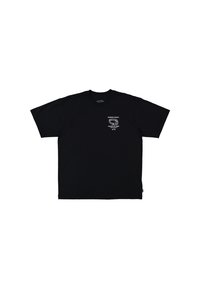Black short-sleeve t-shirt with white text and wave graphic reading "Domino Dave’s House of Surf" on the left chest.