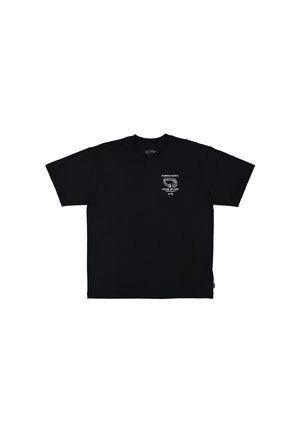 Melnā īsām piedurknēm t-krekls ar baltu tekstu un viļņu grafiku, kurā uzrakstīts "Domino Dave’s House of Surf" kreisajā krūtī.