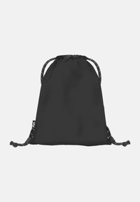 Černý sáček na stažení vyrobený z hladké, odolné tkaniny; má kulaté šnůrkové popruh a nastavitelné uzávěr pro bezpečné uzavření.