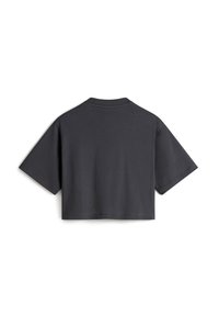 Cropped, short-sleeve t-shirt in dark gray cotton with a rounded neckline and a smooth texture, featuring a straight, clean hem.