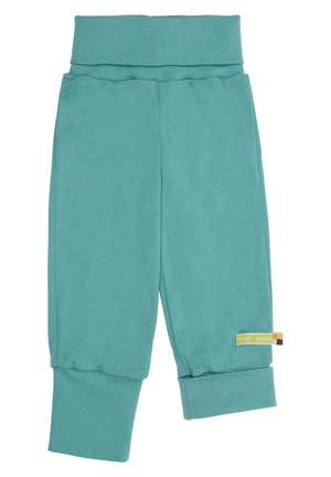 Türkise Sweatpants mit einem breiten, elastischen Bund, gerippten Bündchen und einem kleinen Etikett mit dem Markennamen an der Seite. Weicher Stoff.