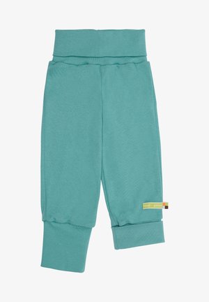 Türkise Sweatpants mit einem breiten, elastischen Bund, gerippten Bündchen und einem kleinen Etikett mit dem Markennamen an der Seite. Weicher Stoff.