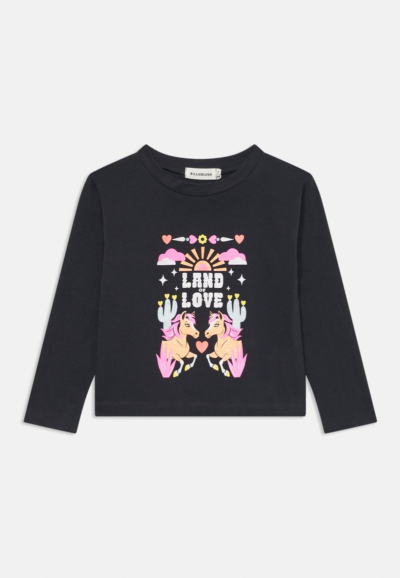 Schwarzes Langarmshirt mit einem bunten Grafikdruck von zwei Einhörnern, Herzen und Kakteen, mit der Aufschrift "LAND OF LOVE". Aus weichem Baumwollmaterial.