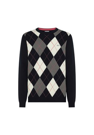 Pull en maille bleu foncé avec un motif argyle gris, blanc et rouge, avec un col rond et des poignets côtelés. Logo de la marque sur la poitrine.