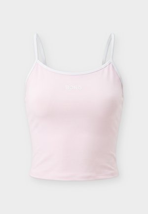 Lys rosa cropped camisole med tynne hvite stropper og hvit "BORG"-tekst sentrert på brystet.