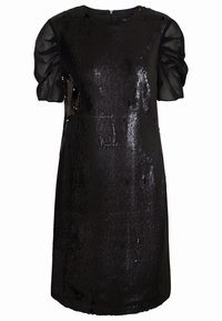 Černé šaty s krátkými puff rukávy, zdobené flitry, s kulatým výstřihem a rovnou siluetou. Texturovaná tkanina.