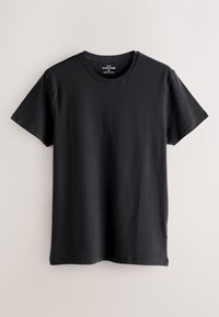 Schwarzes Baumwoll-T-Shirt mit Rundhalsausschnitt, kurzen Ärmeln und geradem Saum. Weiche Textur und minimalistisches Design, keine sichtbaren Muster.