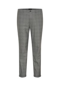 Pantaloni grigio a scacchi realizzati in tessuto leggero. Presentano una chiusura con bottone, passanti per la cintura e una vestibilità affusolata. Le estremità risvolte accentuano il design.