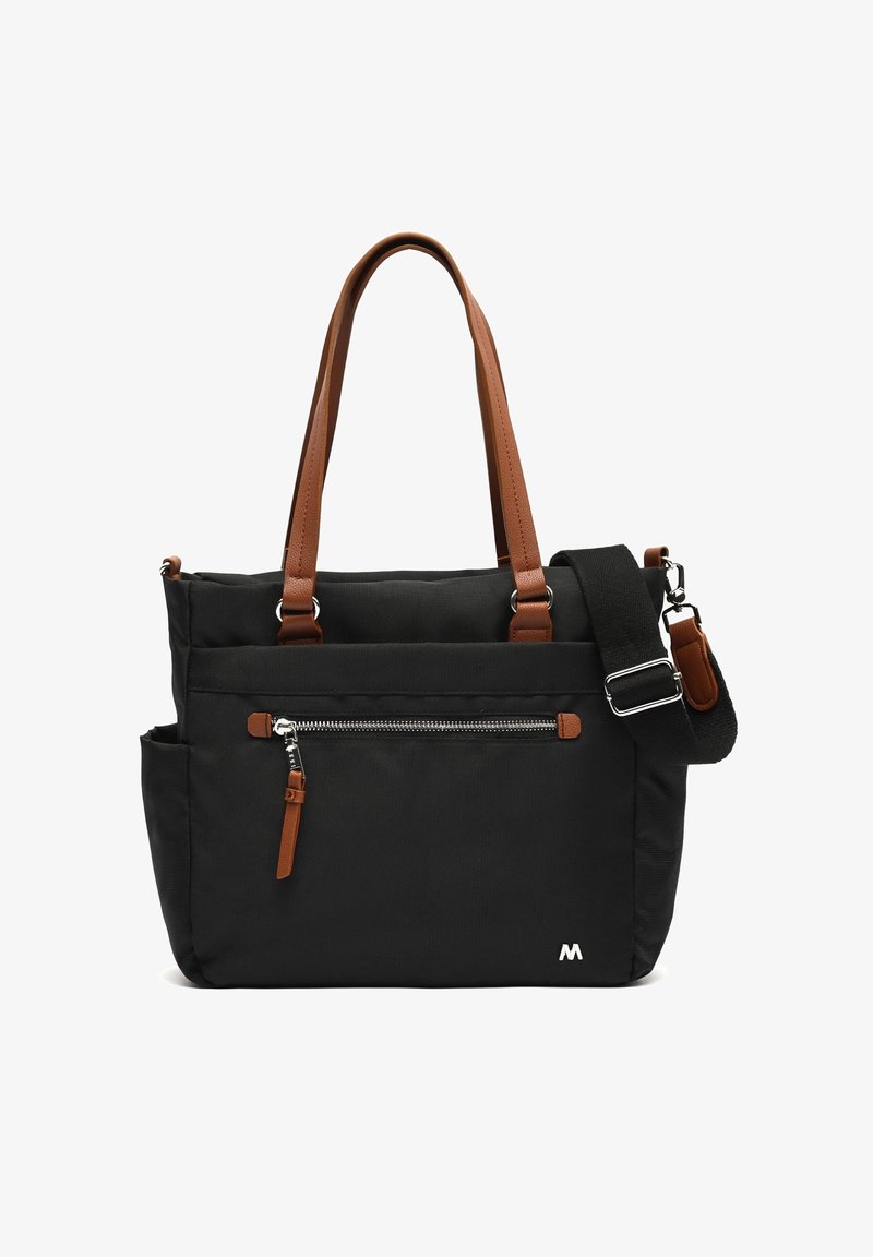 Sac fourre-tout noir avec poignées marron, poche zippée avant, poches latérales et bandoulière noire ajustable avec boucle argentée.