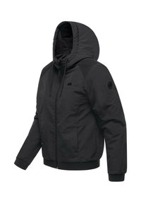 Black hooded jacket with ribbed shoulder accents, zip closure, side pockets, and elastic cuffs. Soft, matte fabric texture.
