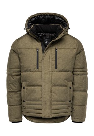 Olivgrüner Puffer-Jacke mit Kapuze, ausgestattet mit schwarzen Reißverschlüssen, einem strukturierten Stoff, zwei Brusttaschen und horizontalen Steppakzenten.