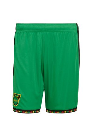 Grønne atletikshorts med elastisk linning, sorte sidestriber, Jamaica Football Federation-mærke og flerfarvet mønstret kant forneden.