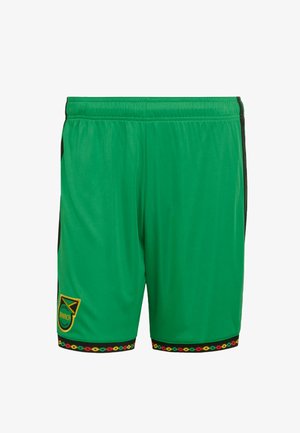 Grønne atletikshorts med elastisk linning, sorte sidestriber, Jamaica Football Federation-mærke og flerfarvet mønstret kant forneden.