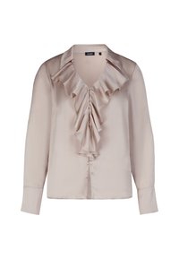 Zijden blouse in lichtbeige met een gerimpelde voorkant, knoopsluiting en lange mouwen. Heeft een klassieke kraag en een gladde textuur.