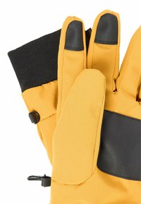 Gele handschoenen met zwarte accenten, voorzien van een gestructureerde grip op de vingertoppen en elastische manchet voor een veilige pasvorm. Versterkte naden zijn zichtbaar.