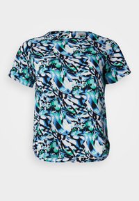 Top à manches courtes avec un motif abstrait bleu, vert et noir. Fabriqué en matériau léger, avec un col rond et un ourlet légèrement arrondi.