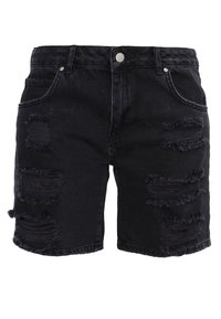 Zwarte denim shorts met beschadigde details, rafelige randen en een klassiek vijfzakkenontwerp met een enkele metalen knoopsluiting.