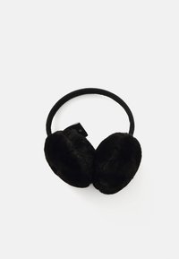 Cuffie nere con imbottitura in morbida pelliccia sintetica e una sottile fascia coperta. Il design è rotondo e soffice, offrendo calore e comfort.