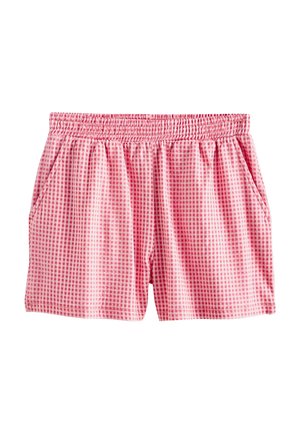 Pink and red checkered shorts with elastic waistband and side pockets, displayed against a white background.
