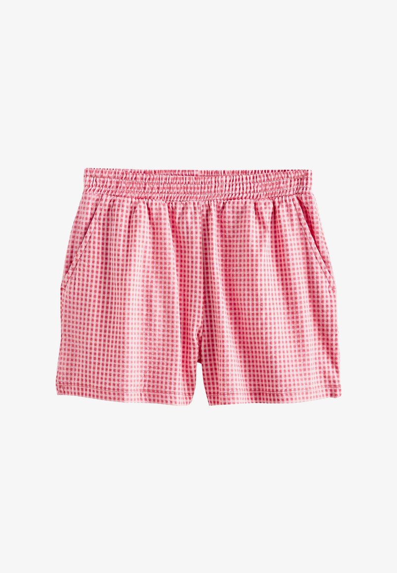 Rózsaszín és piros kockás rövidnadrág elasztikus derékpánttal és oldalzsebekkel, fehér háttér előtt bemutatva.