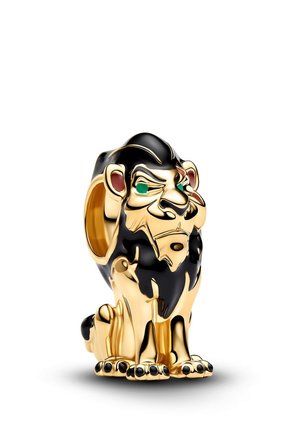 Figure de lion dorée et noire aux yeux verts et aux oreilles rouges, assise droite avec des traits détaillés au visage et une expression sérieuse.