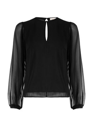 Zwarte blouse met een hoge halslijn en een sleutelgatopening. Heeft lange, doorzichtige mouwen en een stevig lichaam met een iets verkorte ontwerp.