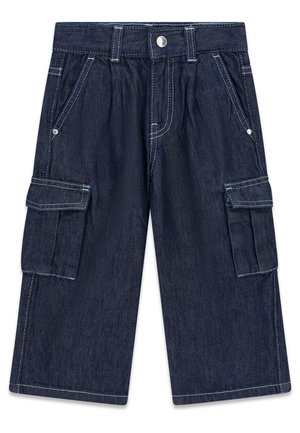 Pantalon cargo en denim bleu foncé avec fermeture bouton et zip, passants ceinture, poches latérales et grandes poches à rabat sur les jambes.
