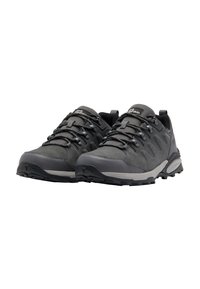 Graue Wanderschuhe aus strukturiertem Synthetikmaterial, mit kontrastierender Gummisohle und einem sicheren Schnürsystem. Verfügt über verstärkte Zehen- und Fersenbereiche.